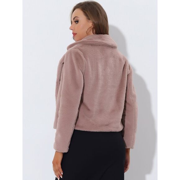 Cropped Jacket Notch Lapel Faux Fur Fluffy Coat Dusty Pink - Picture 4 of 6